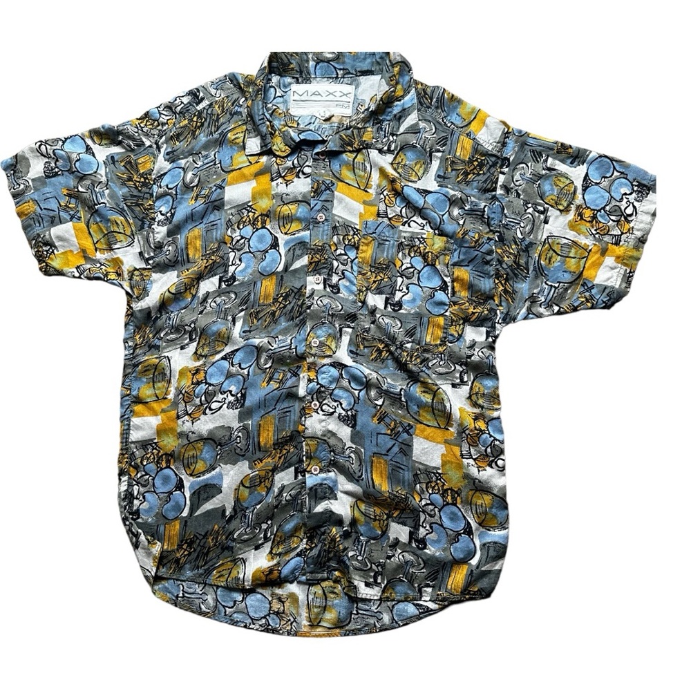 90's Vintage MAXX FM Button Up Shirt Abstract Art Print Size Large